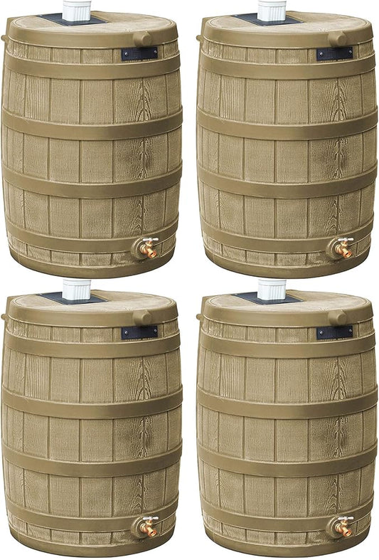 Good Ideas Rain Wizard 50 Gallon Plastic Outdoor Home Rain Barrel Water Storage Collector with Brass Spigot and Flat Back Design, Khaki (4 Pack)