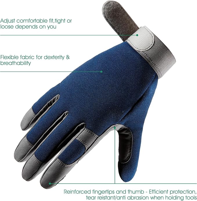 COOLJOB Thorn Proof Garden Gloves with Touchscreen Fingers for Men, Rose Pruning Work Gloves with Palm Cushion for Gardener, Farmer and Landscaper (Navy 1 Pair XL)