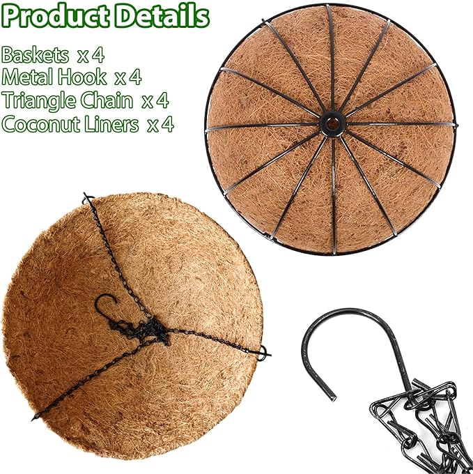 Hanging Baskets Planter for Plants - 4 Pack 12 Inch Metal Baskets with Coco Coir Liner, Hanging Flower Pots for Outside with Chain, Indoor Outdoor Garden Porch Decoration (12'' Pack of 4)
