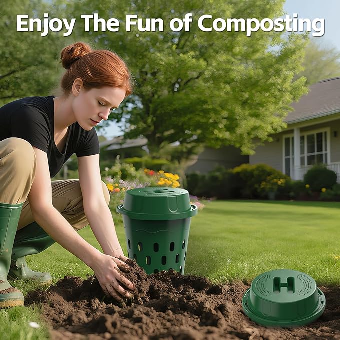 2-Pack Inground Worm Composter, 8L Outdoor Worm Farm, Worm Compost Bin for Garden Beds & Home Use, Vermicomposting Bin for Recycling Food Waste (9.5x9.5x10.8Inch), Green
