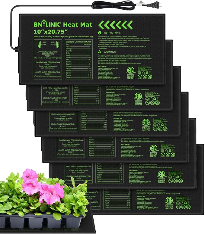 BN-LINK Seedling Heat Mats for Seed Starting 10" x 20.75", 6 Pack Waterproof Warming Mat Plant Heating Pad for Seed Germination, Indoor Growing, Hydroponic, Greenhouse, ETL Listed