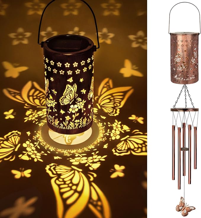 YHmall Butterfly Solar Wind Chimes for Outside, Butterfly Birthday Gifts for Women, Men, Solar Lanterns Windchimes Outdoors, Metal Wind Chime for Home Garden Outdoor Yard Decor