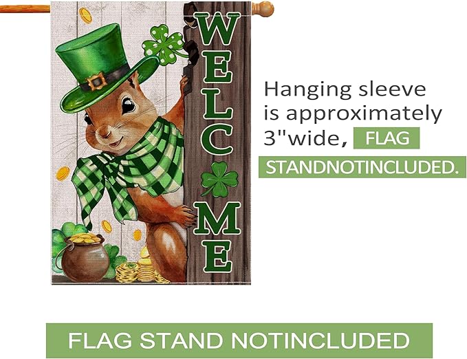 St Patricks Day Flag 28x40 Inch Double Sided Outside, The Squirrel Lucky Shamrock Burlap Flags Decorations, Green Hat with Clovers Gold Coin Pot Outdoor Decor