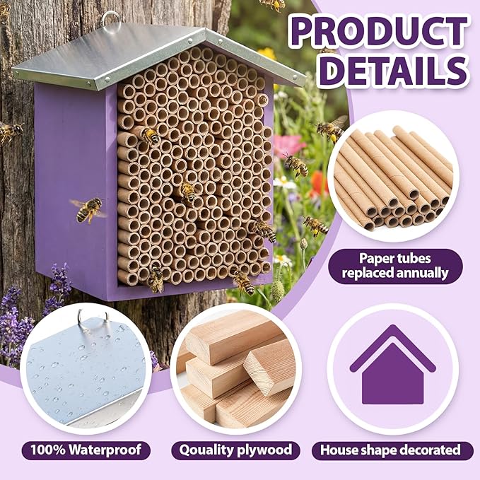 Vicenpal Mason Bee House with Tubes Native Bee Boxes Hive Wooden, Pollinator House Waterproof, Wax Coated Tall Insect Hotel, Butterfly, Ladybirds, Beneficial Insect Habitat, Bug Hotel Garden