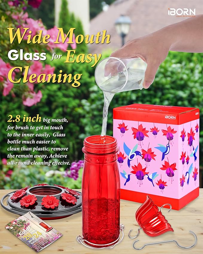 iBorn Glass Hummingbird Feeder for Outdoors Hanging Ant and Bee Proof Ant Moat for Hummingbird Feeder 8 Ports for 16oz Hummingbird Nectar, Brushed Black Nickle Cover Red Glass, Pack of 1, 2024 New