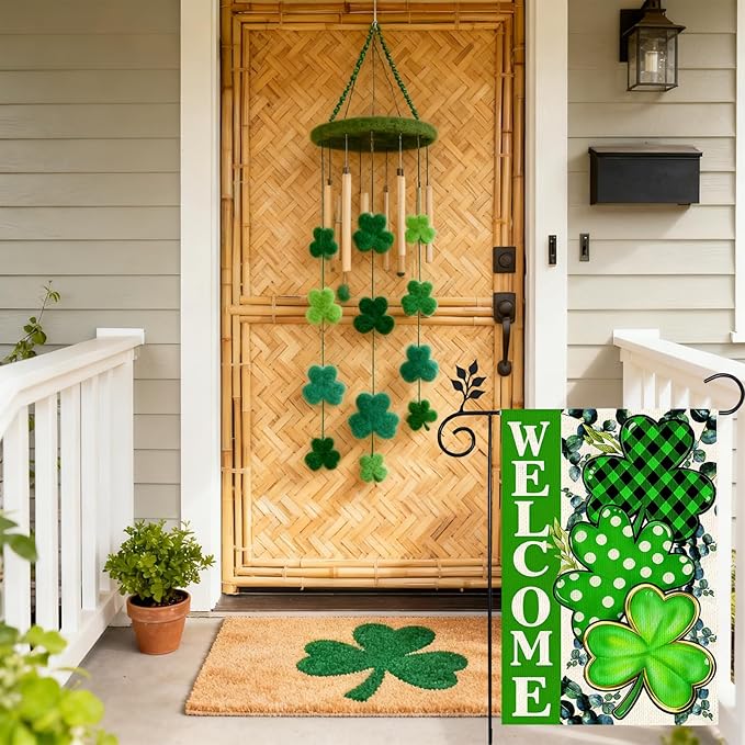 St Patricks Day Welcome Garden Flag 12x18 Inch Vertical Double Sided Outside Green Clovers Decoration Burlap Holiday Yard Flag