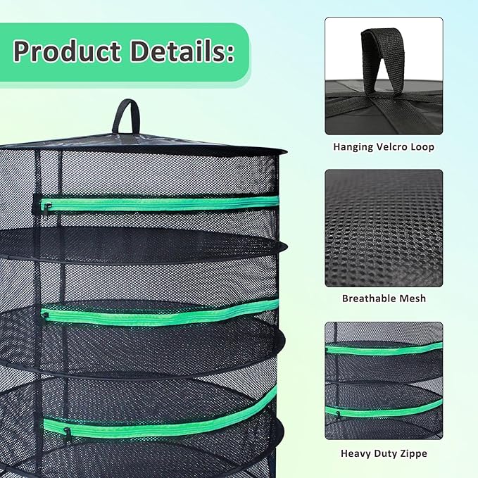 Growsun Herb Drying Rack 8 Layer 2ft Diameter Plant Hanging Mesh Dry Net w/Green Zipper, Free Garden Pruning Shears