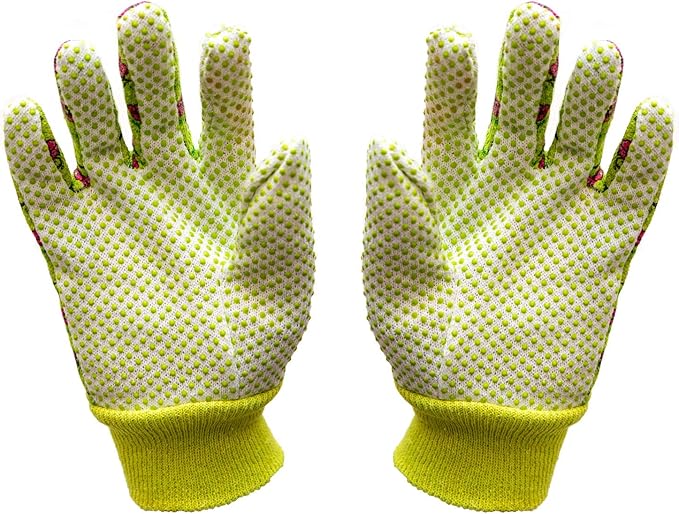 Women's Gardening Gloves, Soft Cotton Jersey, Floral Print, PVC Dot Grip, Comfortable & Durable Multi color Green, Red, Blue