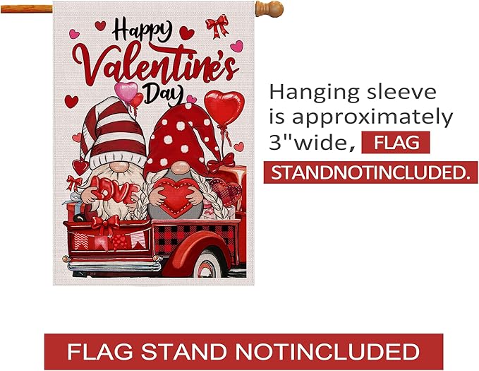 Valentines Gnomes House Flag, Happy Valentines Gnomes Outdoor Decor Gnomes Truck Flag 28x40 Double Sided Red, Valentine Decorations Burlap Flags Rustic Welcome Love Outdoor