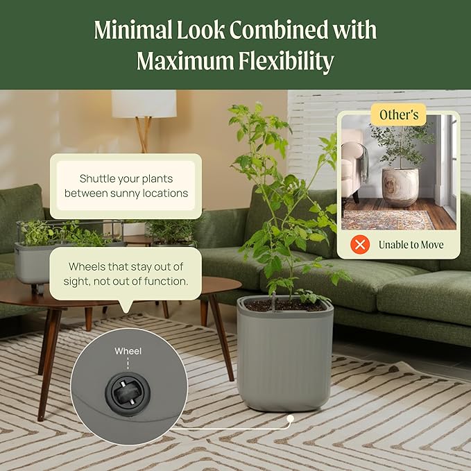 15 Inch Self-Watering Planter for Indoor Plants – Large Modern Plant Pot with Built-In Water Reservoir, Ideal for Monstera, Fiddle Leaf Fig, Palms & Peace Lily, Without Trellis, Sage Green