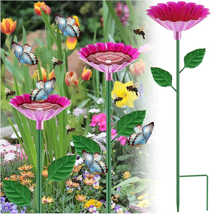Tandefio 1 Pcs Bee Bath Watering Station, 25 x 2.6 Inch, Metal Flower Bee Feeder for Garden, Colorful Butterfly Feeder & Outdoor Pollinator Station for Birds, Bees & Butterflies(Rose Red)