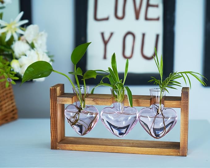 Kingbuy 3-Heart Plant Terrarium Kit - Stained Glass Vase Propagation Station with Vintage Wood Stand - Wall-Mounted & Tabletop Indoor Garden Decor for Home Kitchen Wedding Gift for Plant Lover, Pink