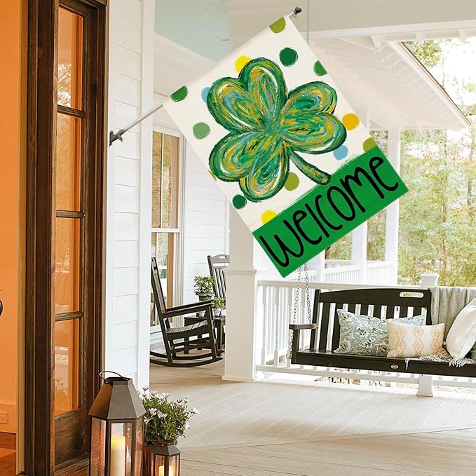 AVOIN colorlife St Patricks Day House Flag 28x40 Inch Double Sided Outside, Shamrock Clover Polka Dots Welcome Yard Outdoor Flag