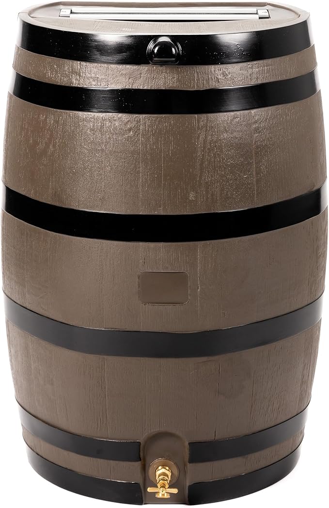 RTS Home Accents 50-Gallon Rain Barrel, Flat Back Rain Water Collection Barrel, Woodgrain with Black Stripes
