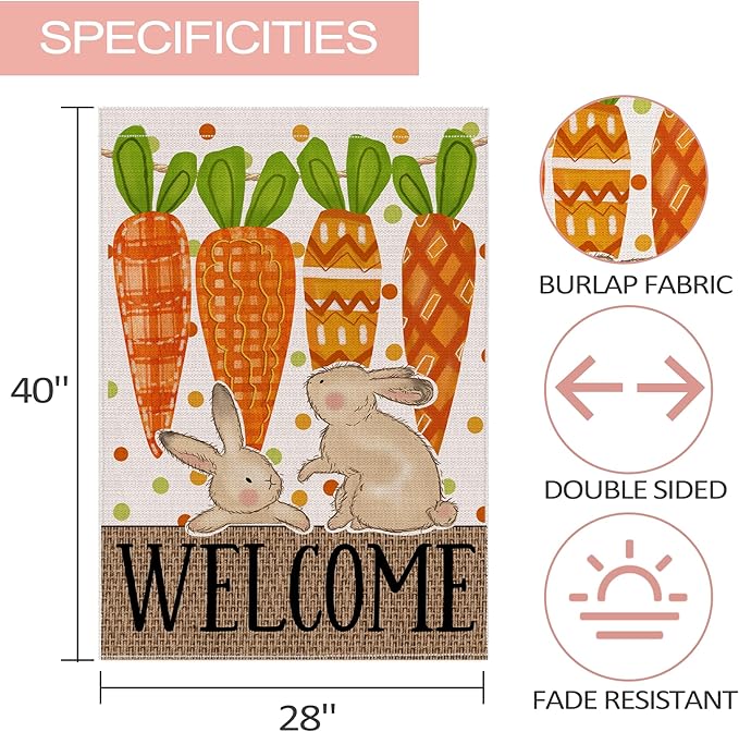 Easter Flag 28x40 Inch Double Sided Outside, Carrots Bunny Easter Flag Burlap Decorations Outdoor Yard
