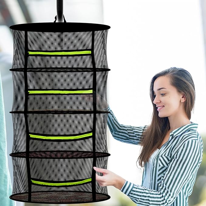 Herb Drying Rack Hanging-4 Layer, Plant Drying Rack, Bud Drying Net,Foldable Hanging Dry Rack Net with Green Zipper, Garden Shears & Hooks, for Herbs, Seeds Indoor/Outdoor (23.62")