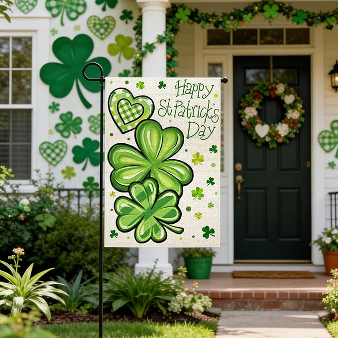 Nanafast Happy St. Patrick's Day Garden Flag Double Sided 12x18 Inch Shamrock Clover Garden Flags for Outside Yard Decoration