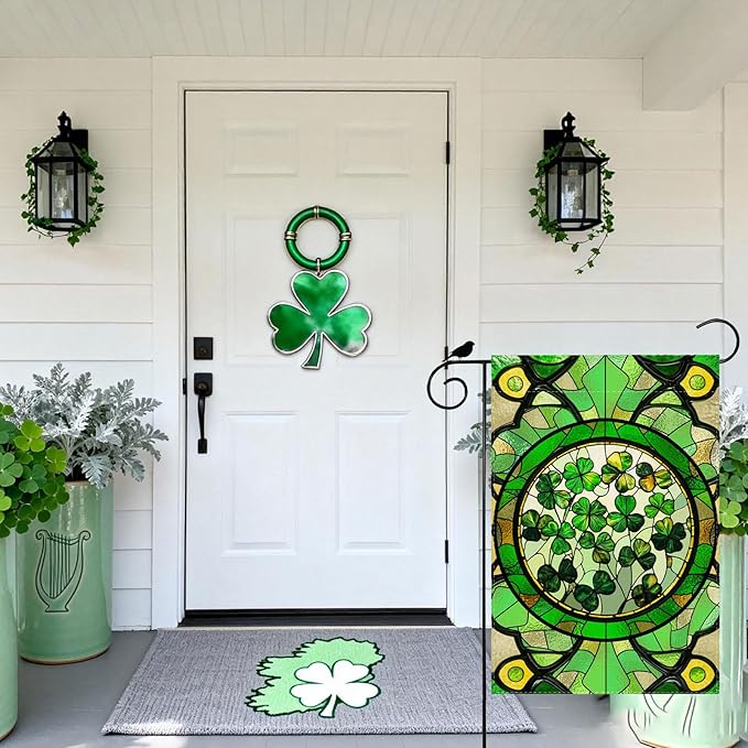 Green Shamrocks Clovers Stained Glass St. Patrick's Day Garden Flag 12x18 Inch Double Sided Small Mini Yard Flag Outdoor Outside Holiday Party Decoration