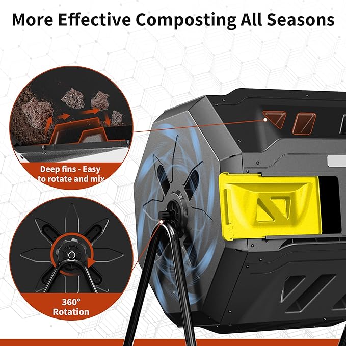 Compost Bin Outdoor, 43-Gal Dual Chamber with Steel Frame, Lagre Compost Tumbler with 2 Sliding Door and Aeration System, 360° Rotating, Tumbling Composter Bin for Kitchen, Garden, Yard, Black Yellow