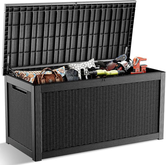 320 Gallon Outdoor Deck Box, Lockable Waterproof Outdoor Storage Boxes For Garden Tools,Indoor Cushions,Accessories Outside Storage Resin Weatherproof Container(Black)