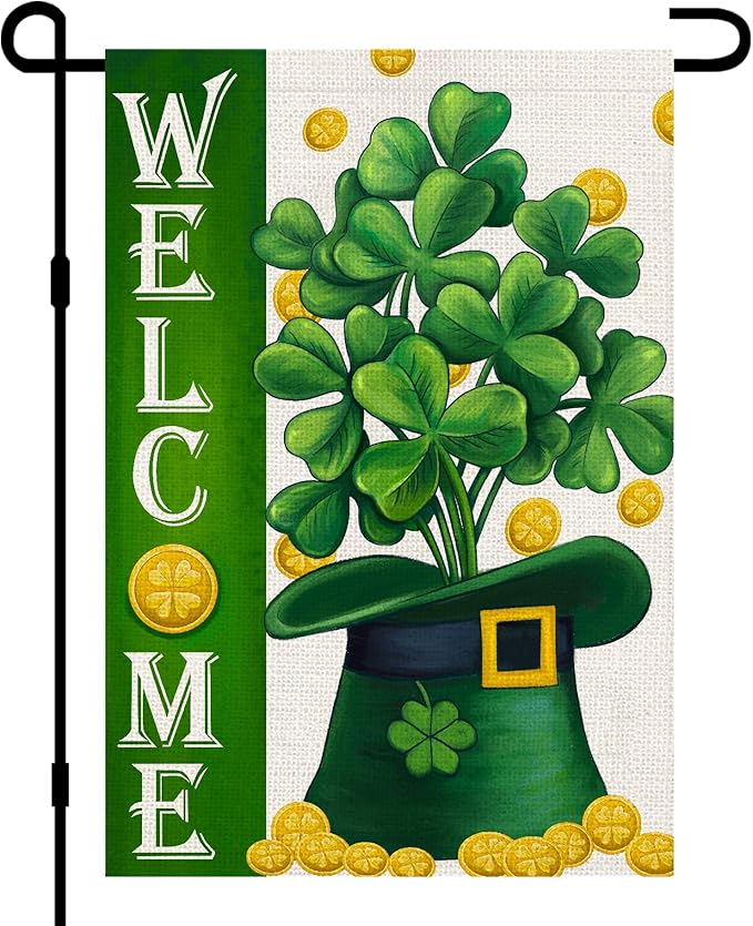 Welcome St Patricks Day Garden Flags Burlap 12x18 Double Sided, Green Hat Lucky Shamrocks Gold Coin Holiday Party Sign Small Flag Yard Outdoor Decor DF658
