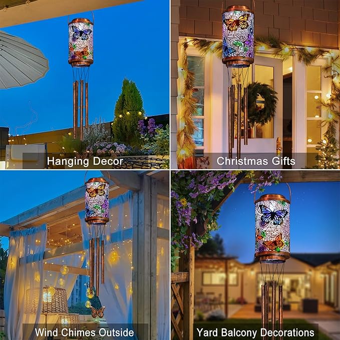 Butterfly Solar Wind Chimes for Outside, Garden Gifts for Mom, Solar Lanterns Outdoor Decor Lights for Balcony, Patio, Yard,Birthday Gifts for Women Grandma Dad (1Pack)