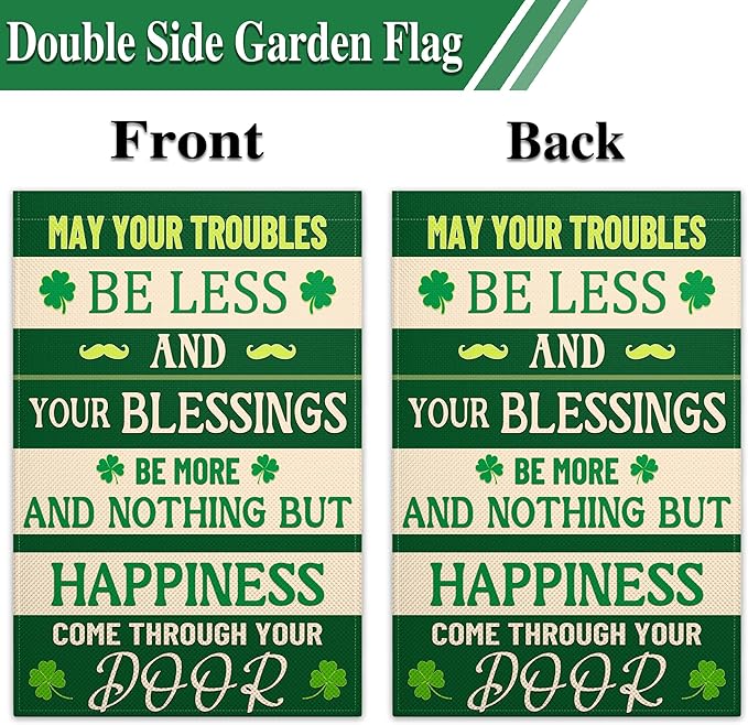 St Patricks Day Garden Flags for Outside 12x18 Inch Double Sided Irish Blessing Garden Flag 3 Ply Green Shamrock Garden Flag for Outdoor Indoor House Party Yard Holiday Signs Decorations