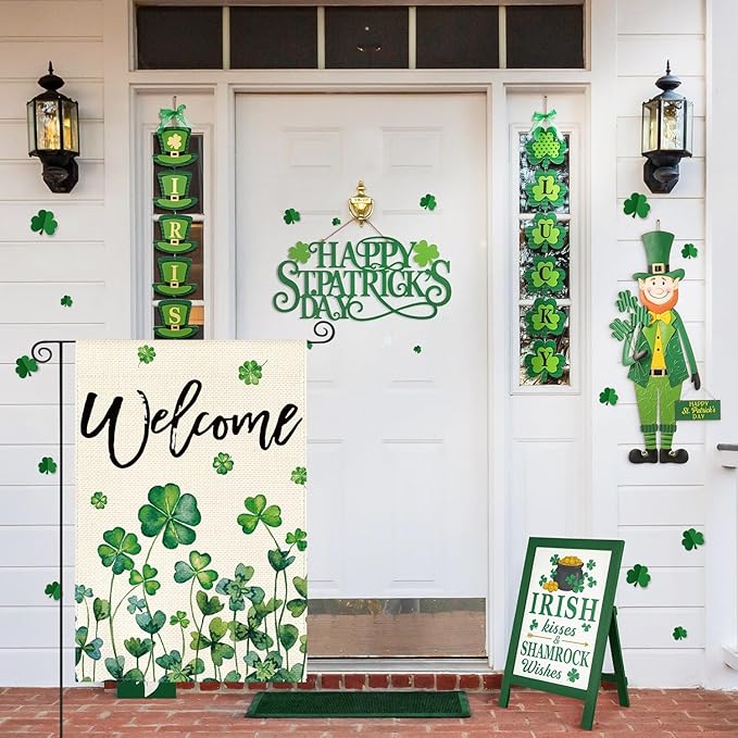AVOIN colorlife St Patricks Day Garden Flag 12x18 Inch Double Sided Outside, Shamrocks Four-leaf Clovers Welcome Yard Outdoor Flag