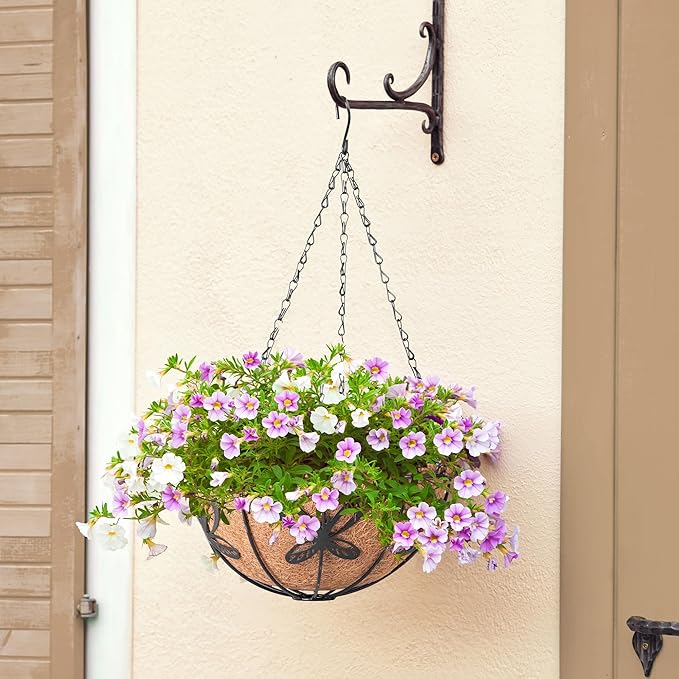 Hanging Baskets Planter for Plants, 2 Pack 10 Inch Round Metal Wire Hanging Flower Pots with Coco Coir Liner Chain, Plant Holder for Home Garden Balcony Decor