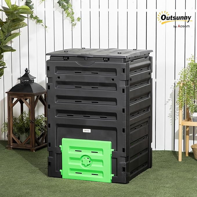 Outsunny Garden Compost Bin, 120 Gallon (450L) Garden Composter, BPA Free, with 80 Vents and 2 Sliding Doors, Lightweight & Sturdy, Fast Creation of Fertile Soil, Black