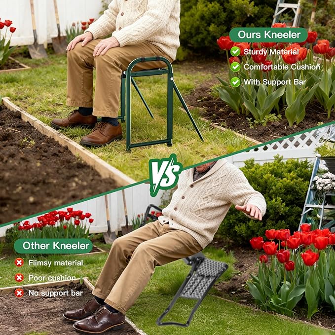 Heavy Duty Garden Kneeler and Seat for Elderly, 400lbs Capacity Foldable Gardening Stool with Support Legs & Thick Pad, Includes Large Tool Organizer Bag, Black (Dark Green)