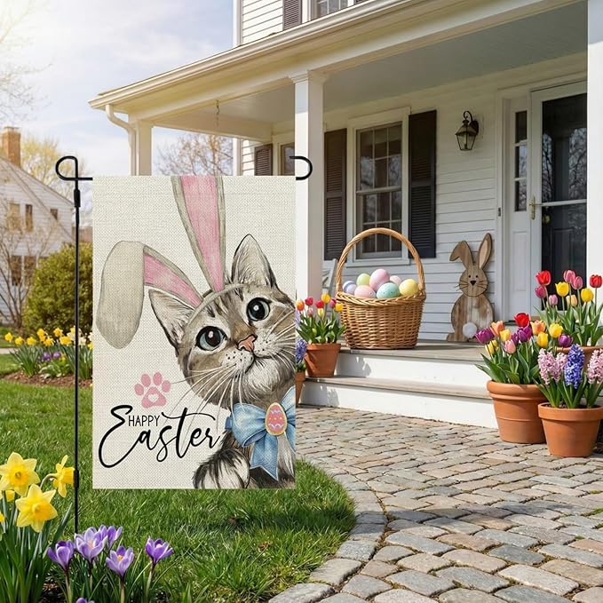 CROWNED BEAUTY Happy Easter Cat Garden Flag 12x18 Inch Double Sided for Outside Small Burlap Rabbit Ear Holiday Yard Decoration CF1729-12