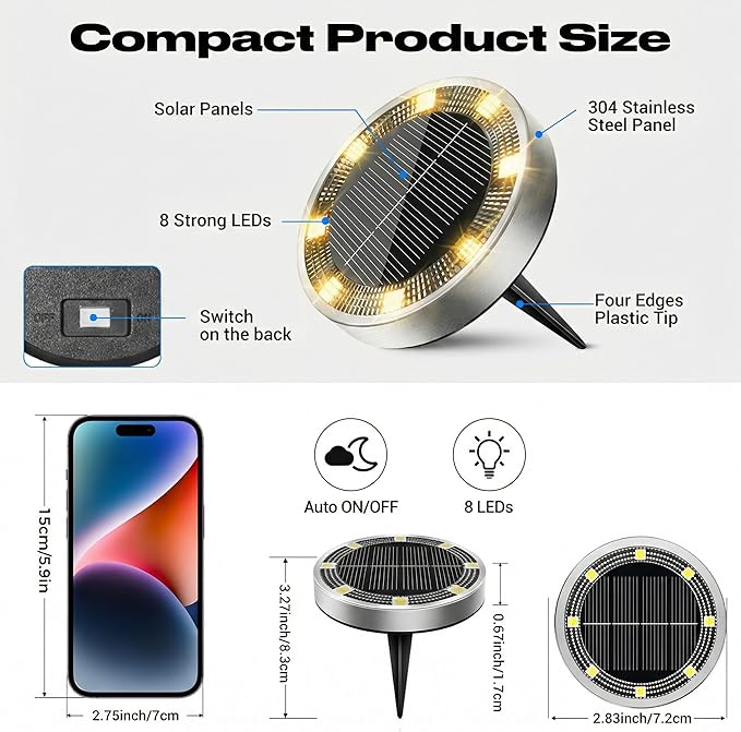 Peasur Solar Ground Lights Outdoor, 6 Pack Flat Solar Powered Disc Lights, IP68 Waterproof, Anti-Rust, Landscape Lighting for Pathway Garden Yard Lawn Walkway Landscape Driveway, Mini, Warm White