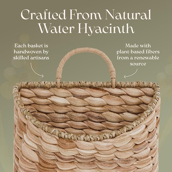 Boho Woven Wall Hanging Basket – Water Hyacinth Flat Back Basket for Front Door, Wall Mounted Storage & Entryway Organizer, Rustic Farmhouse Wall Decor, Housewarming Gift