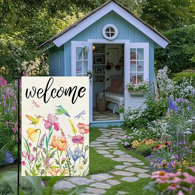 Spring Summer Garden Flag 12x18 Inch, Double Sided Colorful Flowers Birds Dragonflies Flag, Seasonal Yard Outdoor Decoration