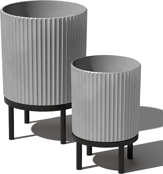 Veradek Demi Series Round Planter w/Stand for Porch/Patio | Durable Plastic-Stone Composite & Wooden Stand | Modern Décor for Tall Plants, Flowers