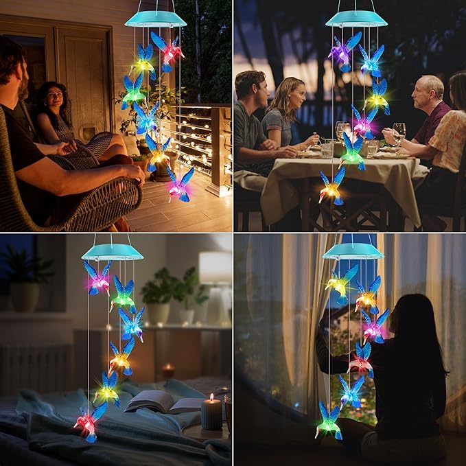 Solar Hummingbird Gift for Mom Grandma Girls, Color Changing Solar Wind Chimes for Outside, Outdoor Decorative Mobile Lights for Garden, Patio, Window, Party Decors, Gift for Women