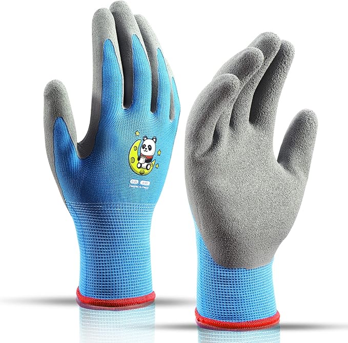Ages 3-5 Kids Gardening Gloves,Yard Work Gloves for Toddlers, Youth, Girls, Boys, Childrens, Soft Safety Rubber Gloves (XXXS Age 3-5, 1 Pair Sky Blue Panda)