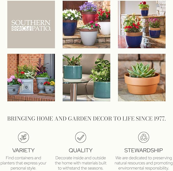 Southern Patio Heritage Planter, 12-Inch Outdoor Round Planter Pot, Light Resin Pot for Porch or Patio Use, Monaco Blue, (Size/Dimensions), 2 Pack