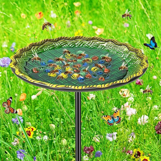 Bee Butterflies Watering Station, Standing Bee Feeder with Glass Marbles for Outside, Bee Bath Feeder with Metal Stakes Butterfly Puddler Garden Yard Déco (Green)