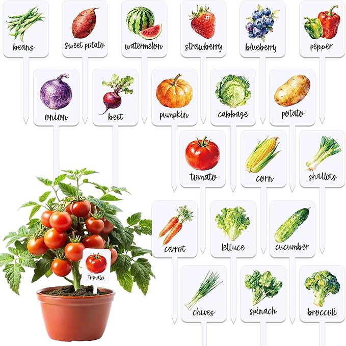 Whaline 20Pcs Acrylic Vegetable Fruit Plant Label Signs Garden Markers 20 Styles Watercolor Vegetable Fruit Waterproof Potted Plant Stake Tags with Names for Nursery Indoor Outdoor Garden Decor