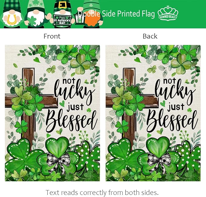 CROWNED BEAUTY St Patricks Day Garden Flag Shamrocks Clover Cross Blessed 12x18 Inch Double Sided Green Holiday Decoration for Outdoor Lawn Yard CF1931-12