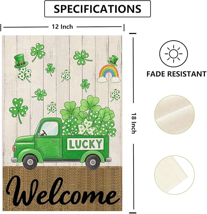 St Patricks Day Garden Flag 12x18 Inch Double Sided Outside Shamrocks Clovers Lucky Truck Welcome Yard Holiday Outdoor Decorations
