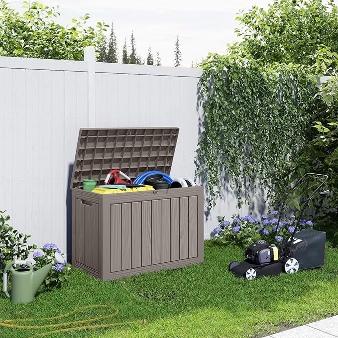 DRATO 45 Gallon Deck Box, Outdoor Storage Box for Patio Furniture, Patio Cushions, Gardening Tools, Pool Supplies 480lbs Weight Capacity,Waterproof Resin Storage Boxes (Light Brown, 45Gal)