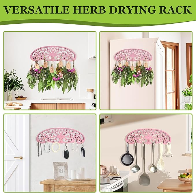 Rustic Herb Drying Rack Hanging,Wooden Tree of Life Dried Herb Flowers Rack Wall Art,Home Kitchen Witch Decor Wall Flowers Grass Gift,with 11 Hooks and 25 Gift Cards & 40 Inch Twine