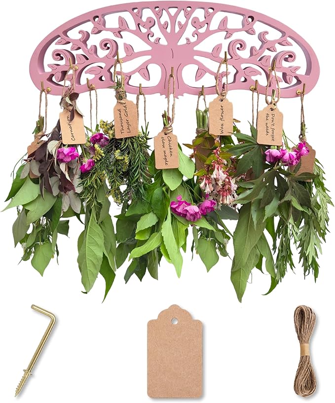 Rustic Herb Drying Rack Hanging,Wooden Tree of Life Dried Herb Flowers Rack Wall Art,Home Kitchen Witch Decor Wall Flowers Grass Gift,with 11 Hooks and 25 Gift Cards & 40 Inch Twine