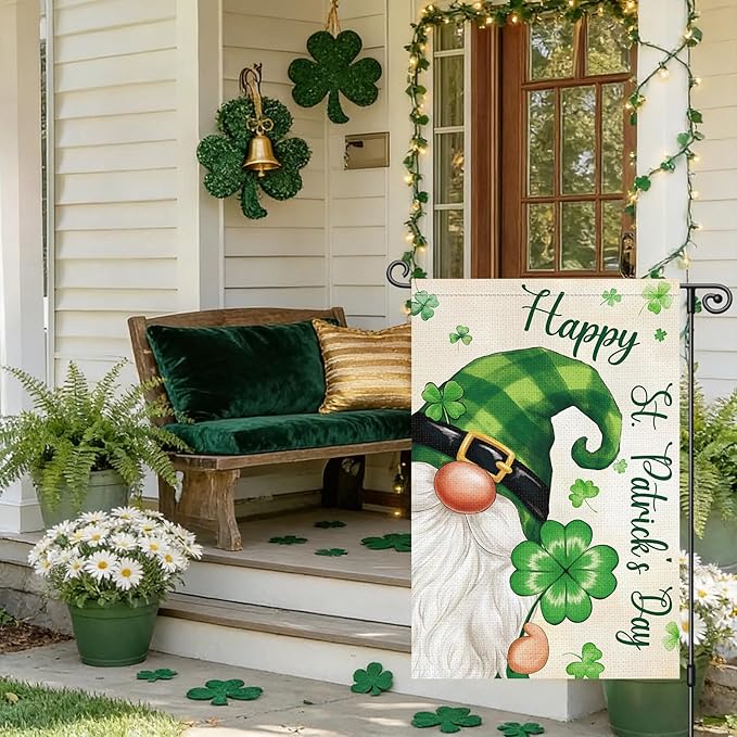 Louise Maelys St Patrick's Day Garden Flag Gnome Shamrock Clover Plaid 12x18 Inch Double Sided Small Burlap Welcome Saint Patricks Spring Holiday Yard Outdoor Sign Outside House Decor