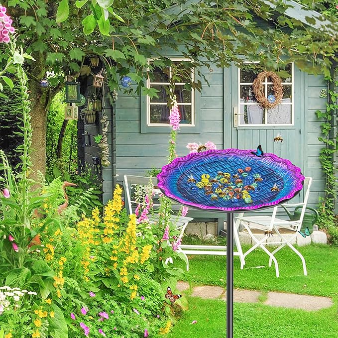 Bee Butterflies Watering Station, Standing Bee Feeder with Glass Marbles for Outside, Bee Bath Feeder with Metal Stakes Butterfly Puddler Garden Yard Déco (Blue)