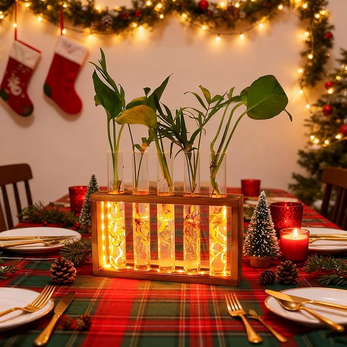 Plant Propagation Station with LED Lights, Plants Terrarium with Wooden Stand, 5 Glass Test Tube Vases for Propagating Hydroponic Plants Cutting Office Home Desk and Garden Decor Gift for Plant Lovers