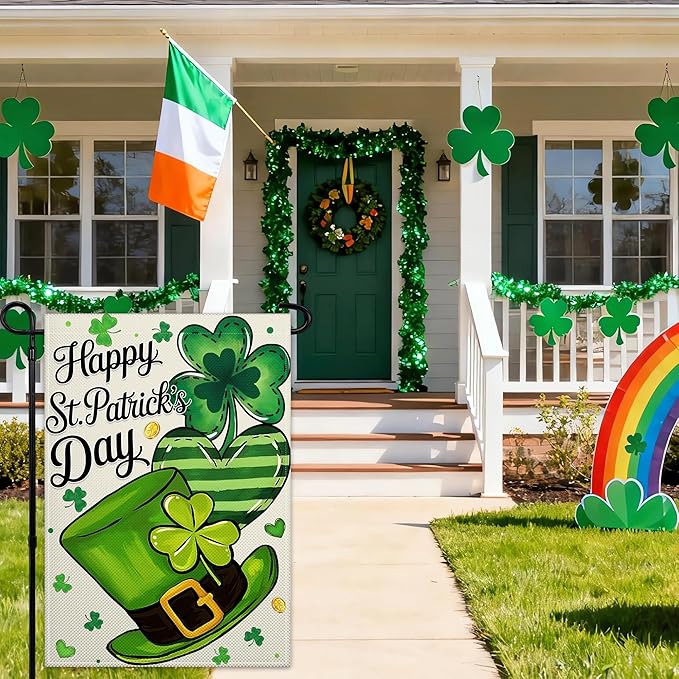 Happy St Patrick'S Day Garden Flag 12×18 Double Sided Shamrocks Garden Flag Clover Hat Gold Coins Flag for Outside Yard House Lawn Outdoor Holiday Sign Decor
